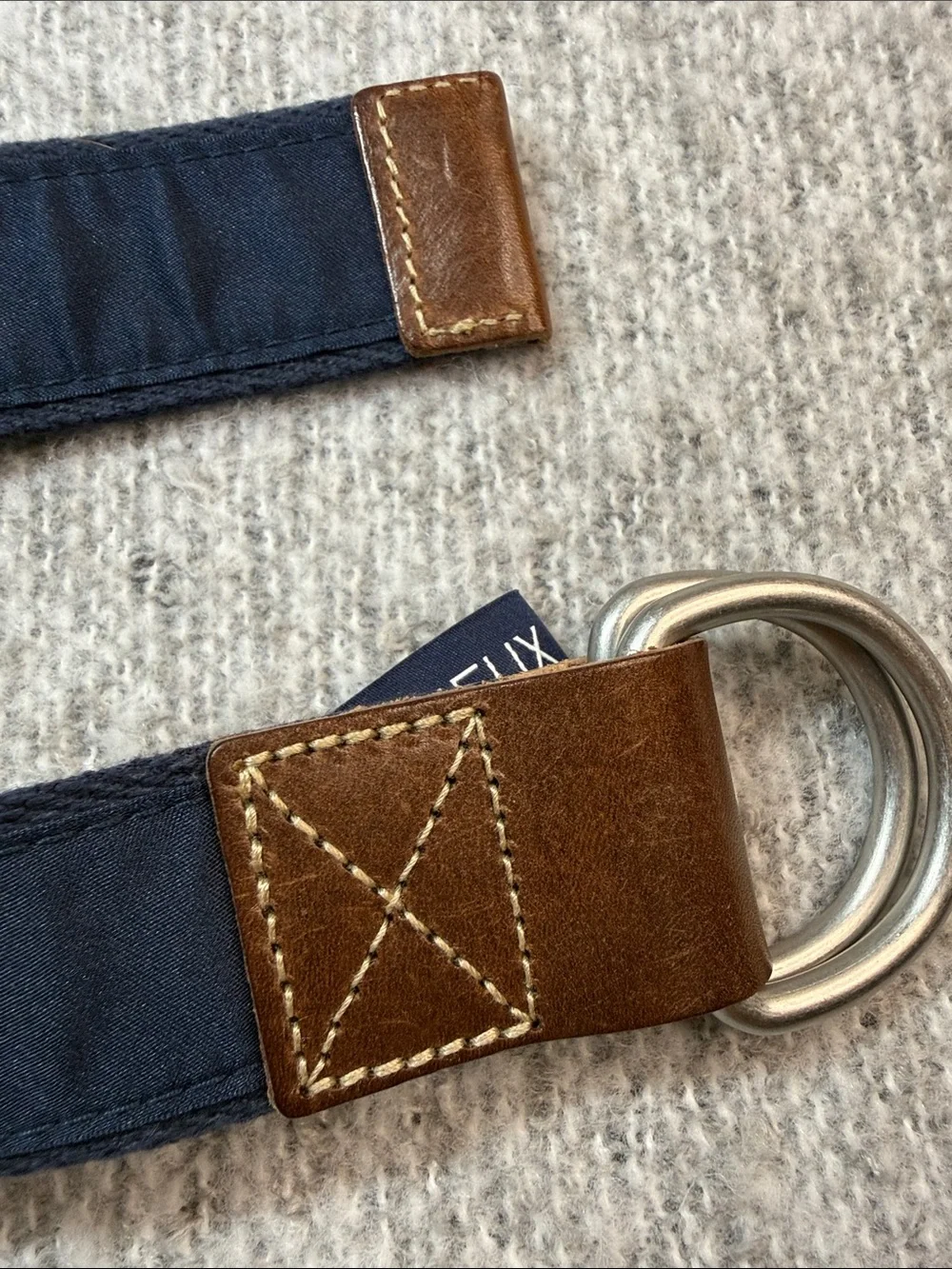 Cremieux Men's Navy Embroidered Canvas Belt with Brown Leather Accents Size L/XL